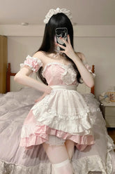 ピンクメイドオフショルダーフリルプラスサイズスイートロリータドレス